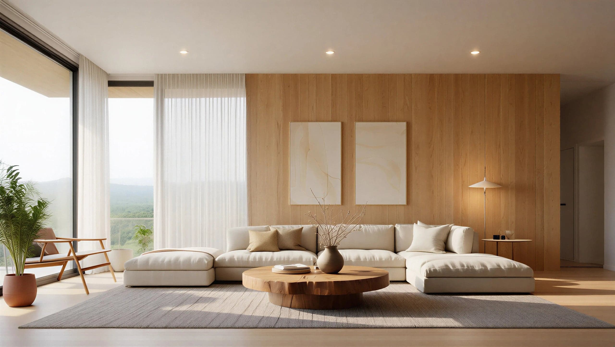 Sala de estar clara com painel de madeira, sofá creme e vista para o vale